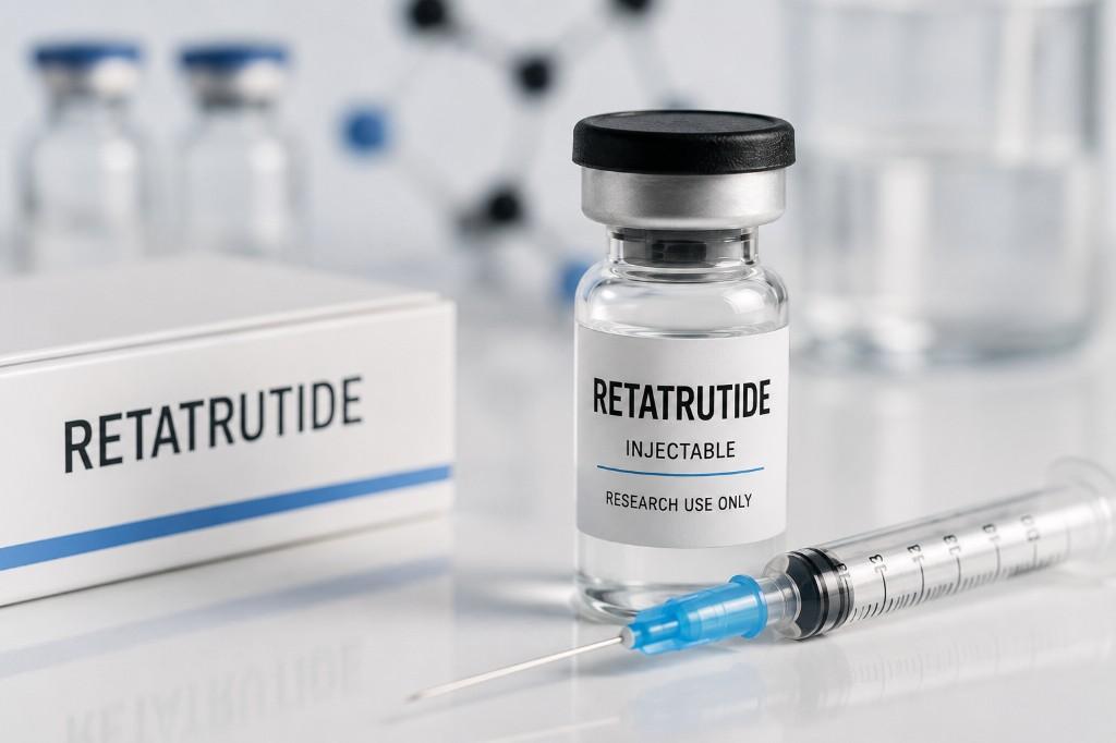 Retatrutide injectable vial labeled research use only with syringe and product packaging — educational guide from Drip Lounge