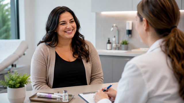Smiling patient during a weight-management consultation with a healthcare provider; injector pen and vials on the desk — Tirzepatide guide from Drip Lounge