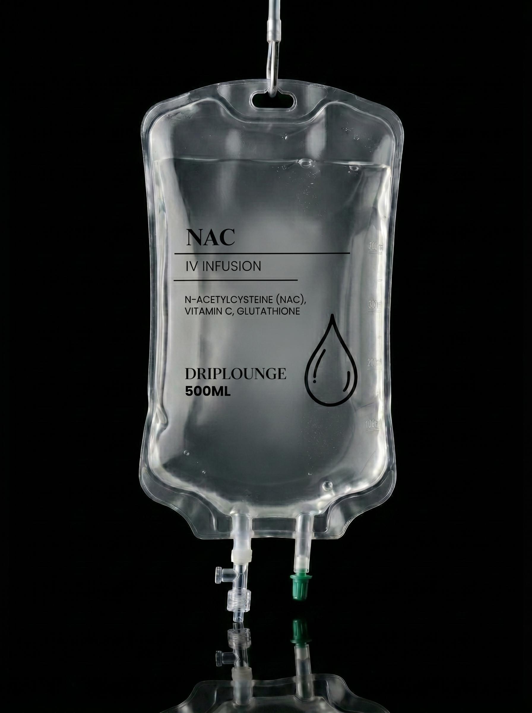 500ml NAC IV infusion bag containing N-Acetylcysteine, Vitamin C, and Glutathione from NY Drip Lounge