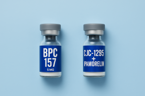 Peptide wellness bottles on a blue background