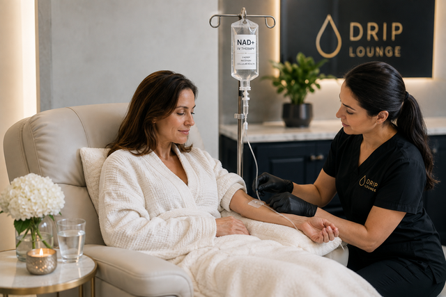 A woman receiving NAD+ IV Therapy at NY Drip Lounge, seated in a comfortable chair while a professional staff member monitors the treatment