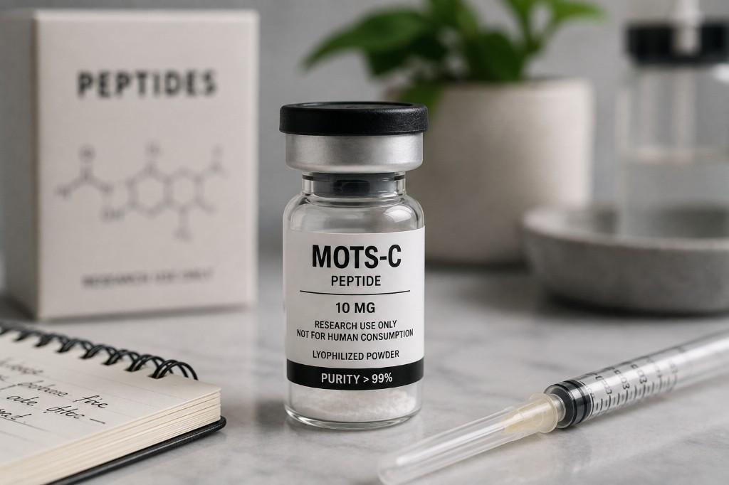 MOTS-C peptide vial labeled research use only on a marble surface with peptide packaging and syringe — educational guide from NY Drip Lounge
