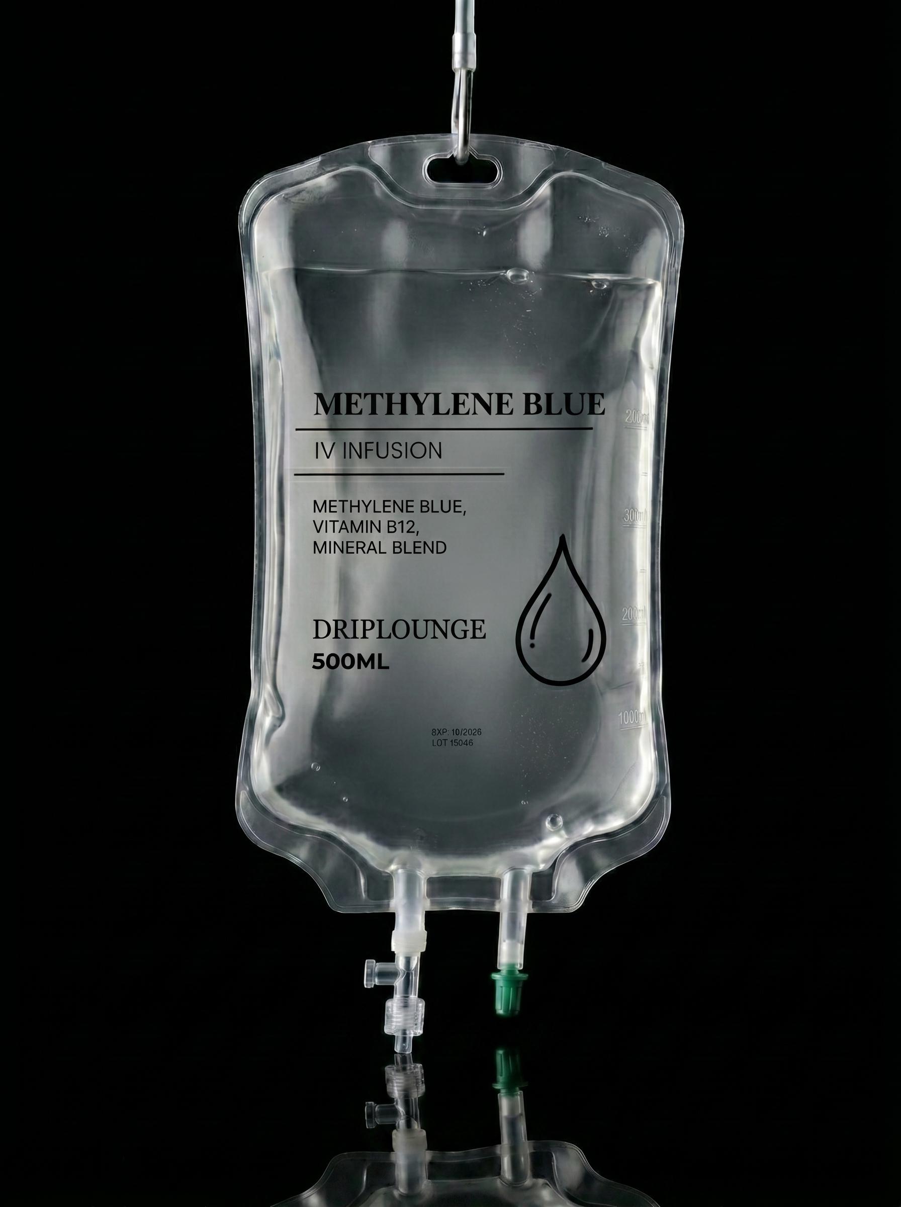 500ml Methylene Blue IV infusion bag containing Methylene Blue, Vitamin B12, and Mineral Blend from NY Drip Lounge